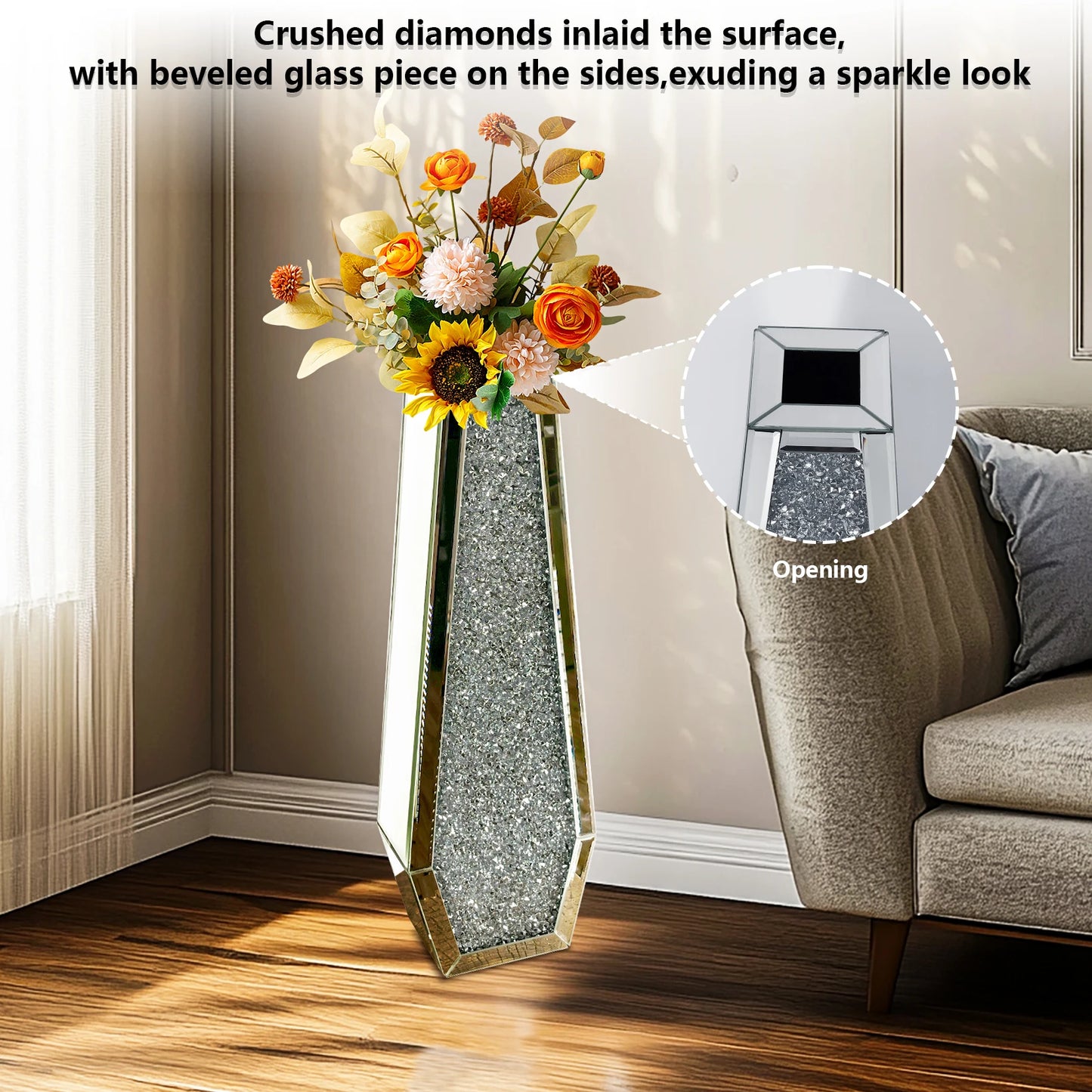 Crushed Diamond Decorative Mirrored Floor Vase for Elegant Decor