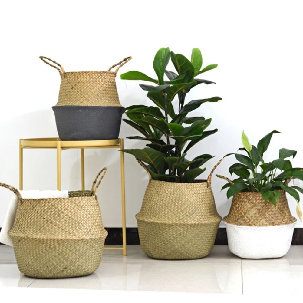 22/27/32cm Rattan Woven Hanging Flower Basket Collapsible Hanging Planter Eco-Friendly Home Clothes Storage Daily Storage Bags