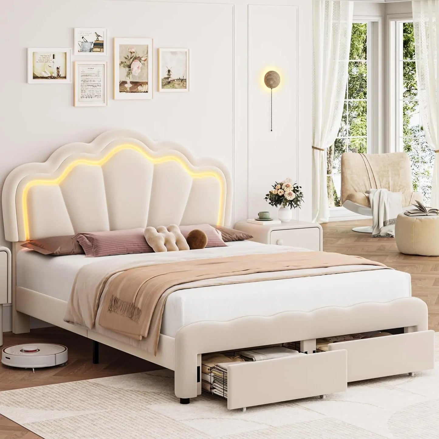 Full Upholstered LED Bed Frame with Storage Drawers, with Adjustable Lotus Headboard, Velvet Princess Platform Bed Frame
