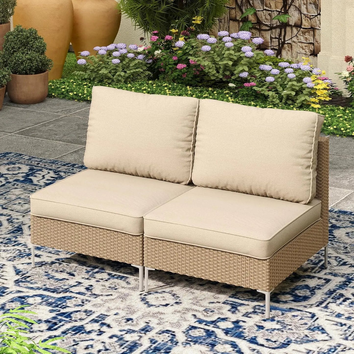 7 Pieces Wicker Patio Furniture Set, Outdoor Conversation Set Sectional Sofa with Cushion & Glass-Top Coffee Table for Garden