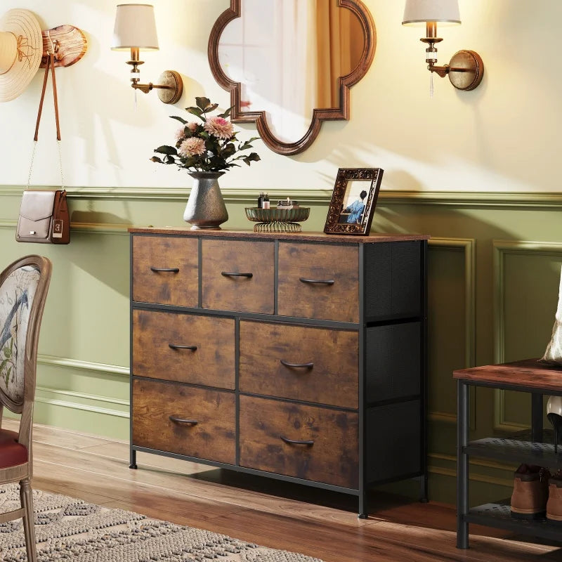 GALAXHERO TV Stand Entertainment Center 7 Drawer Dresser Metal Frame Wood Top Living Room TV up to 45 inch Rustic Wood Grain