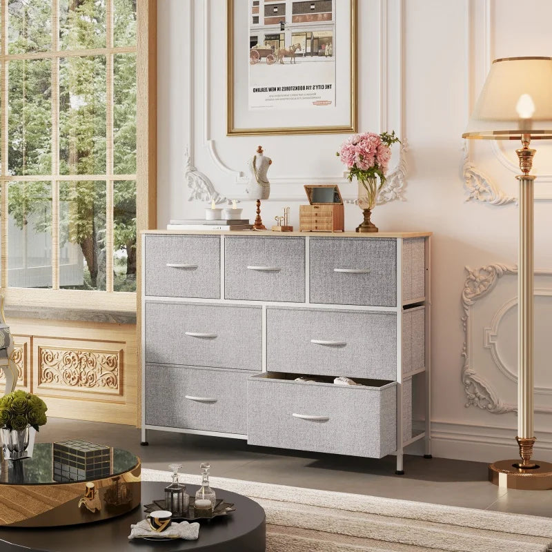 GALAXHERO TV Stand Entertainment Center 7 Drawer Dresser Metal Frame Wood Top Living Room TV up to 45 inch Rustic Wood Grain