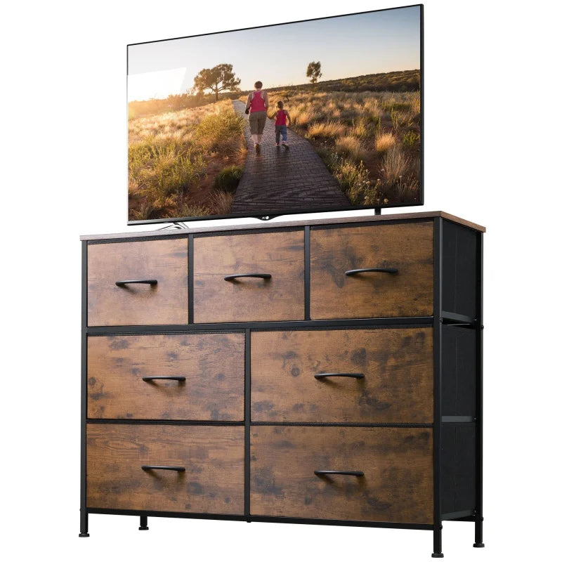 GALAXHERO TV Stand Entertainment Center 7 Drawer Dresser Metal Frame Wood Top Living Room TV up to 45 inch Rustic Wood Grain