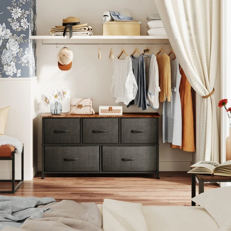 GALAXHERO Fabric Dresser Bedroom Wide 5 Drawer Chest of Drawers Storage Organizer Unit Fabric Bins Closet Living Room Hallway
