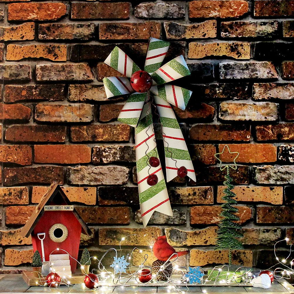 2 pcs Large Christmas Wreath Bow Hanging Ornament Set, 22" x 10" Rustic Metal Red and Green Bow with Christmas Jingle Bell Ornam