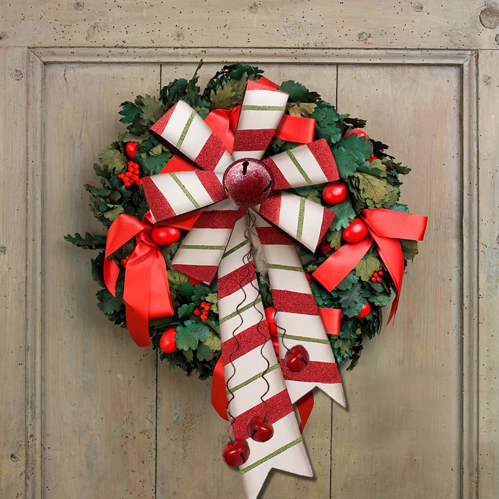 2 pcs Large Christmas Wreath Bow Hanging Ornament Set, 22" x 10" Rustic Metal Red and Green Bow with Christmas Jingle Bell Ornam