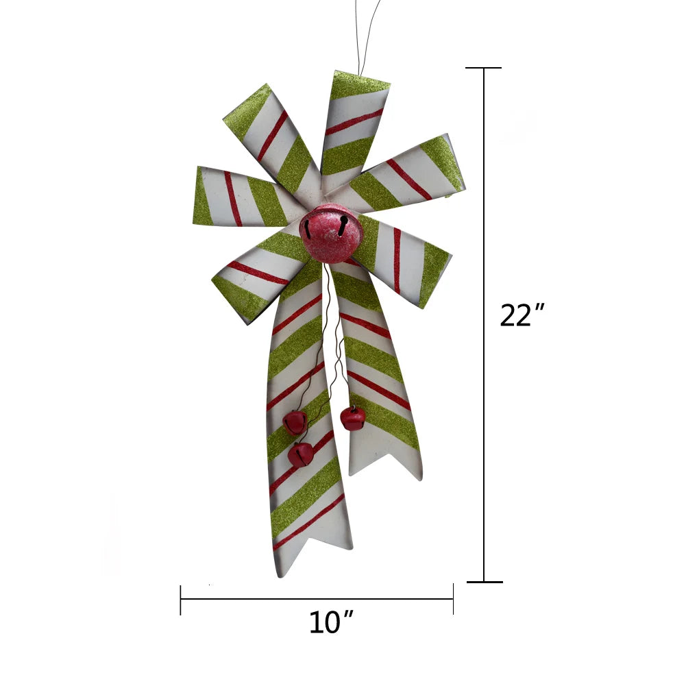 2 pcs Large Christmas Wreath Bow Hanging Ornament Set, 22" x 10" Rustic Metal Red and Green Bow with Christmas Jingle Bell Ornam