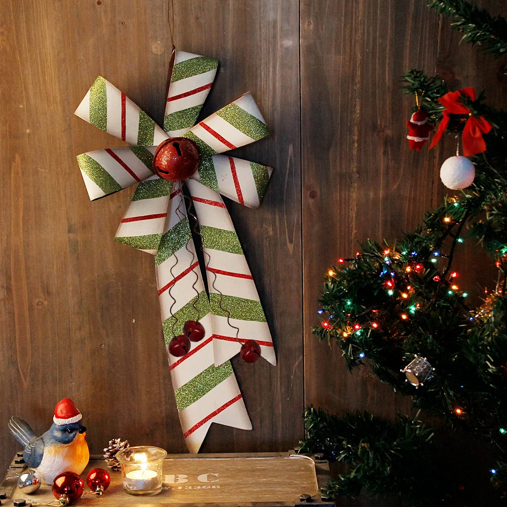 2 pcs Large Christmas Wreath Bow Hanging Ornament Set, 22" x 10" Rustic Metal Red and Green Bow with Christmas Jingle Bell Ornam