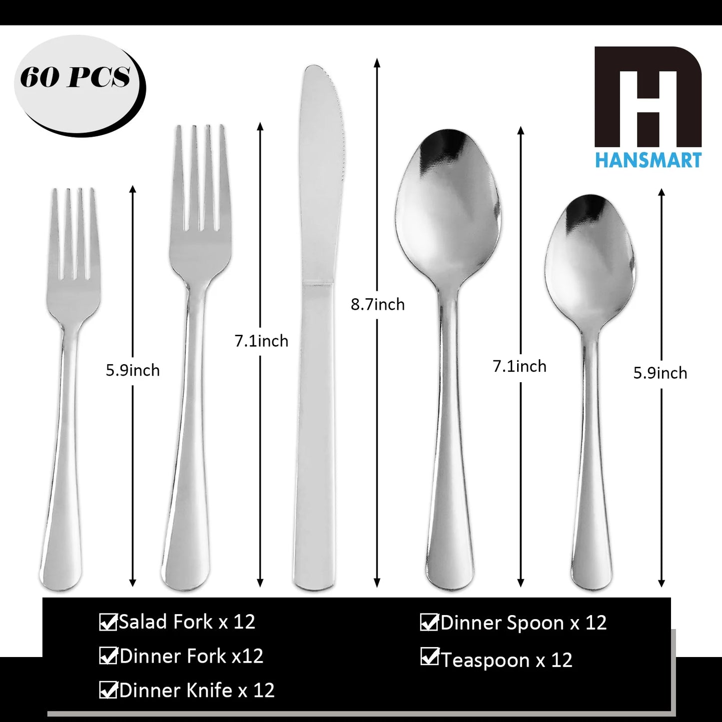 HANSMART 60Pcs Stainless Steel Flatware Set For 12 With Dinner Forks Salad Forks Spoons and Knives Dishwasher Safe