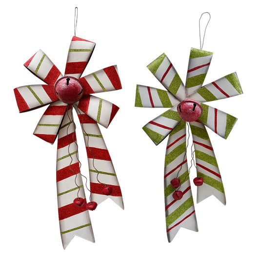 2 pcs Large Christmas Wreath Bow Hanging Ornament Set, 22" x 10" Rustic Metal Red and Green Bow with Christmas Jingle Bell Ornam