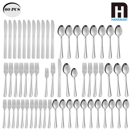 HANSMART 60Pcs Stainless Steel Flatware Set For 12 With Dinner Forks Salad Forks Spoons and Knives Dishwasher Safe