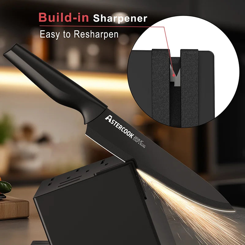 Astercook Kitchen Knife Set with Built-in Sharpener Block, Dishwasher Safe, 15 Pieces German Stainless Steel Knife Block Set