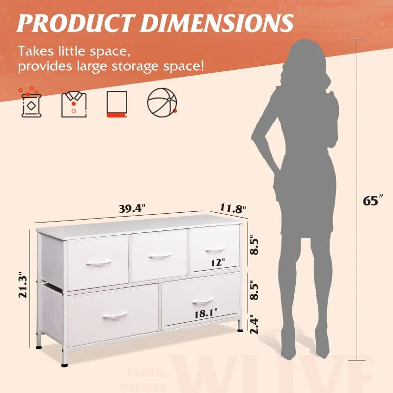 GALAXHERO Fabric Dresser Bedroom Wide 5 Drawer Chest of Drawers Storage Organizer Unit Fabric Bins Closet Living Room Hallway