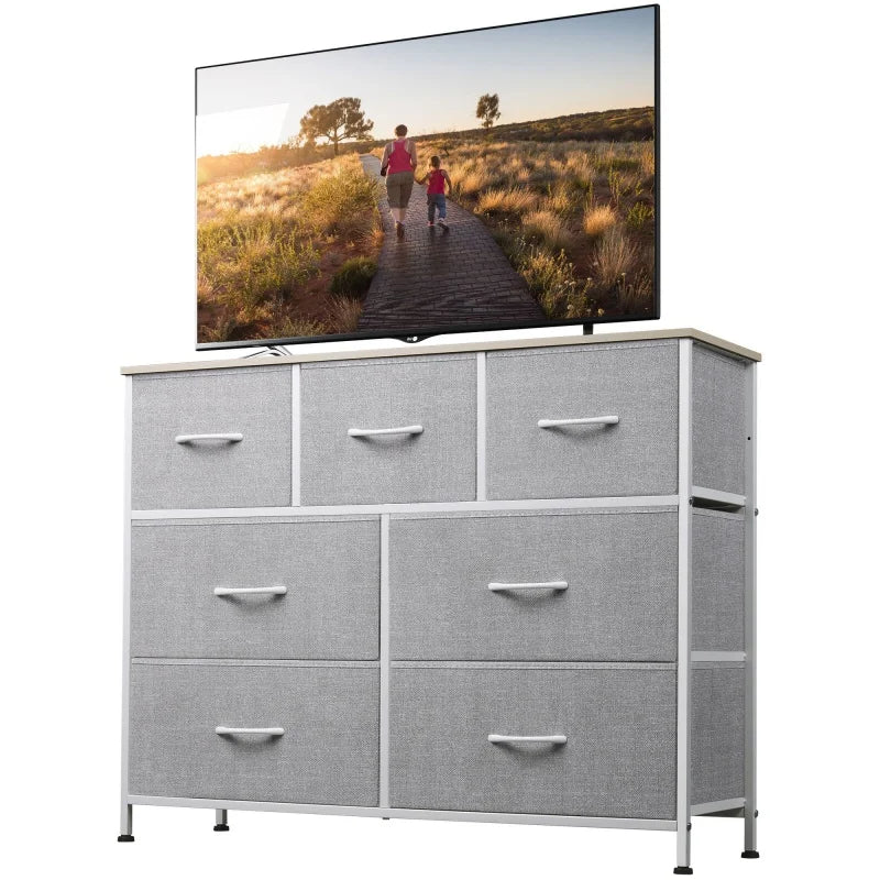 GALAXHERO TV Stand Entertainment Center 7 Drawer Dresser Metal Frame Wood Top Living Room TV up to 45 inch Rustic Wood Grain