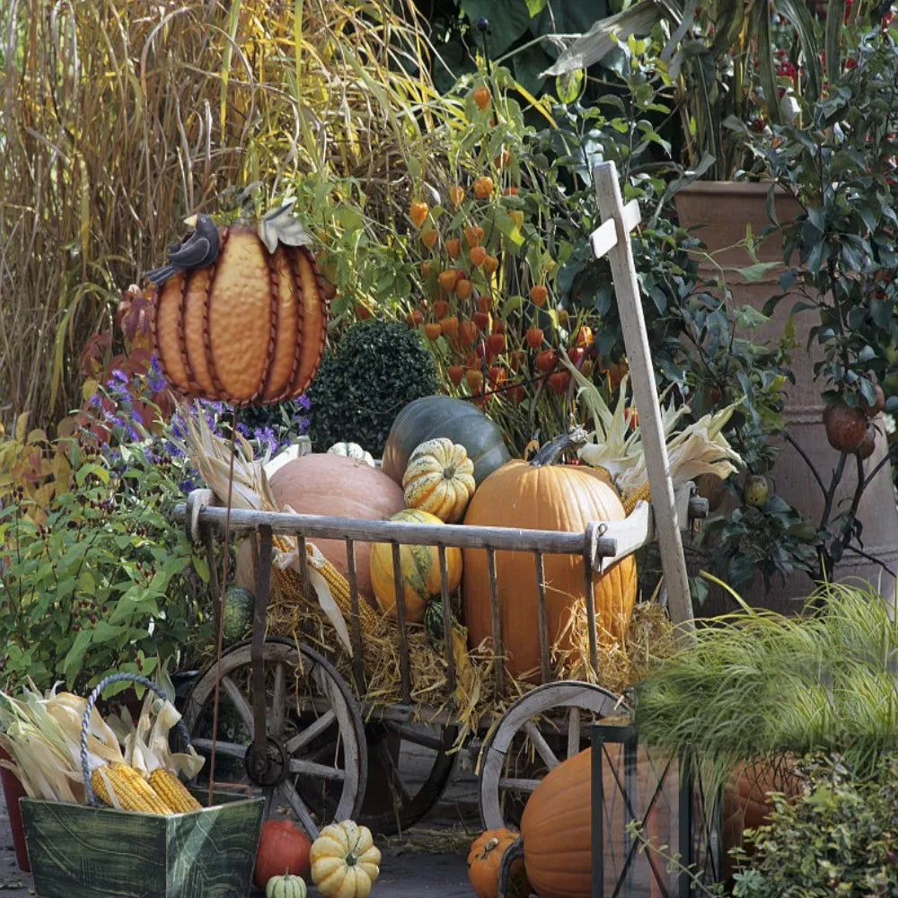 2 Parts Pumpkin Yard Sign Stakes Metal Pumpkin with bird Garden Decoration for Harvest Halloween Pumpkin Garden Stakes Yard Fall