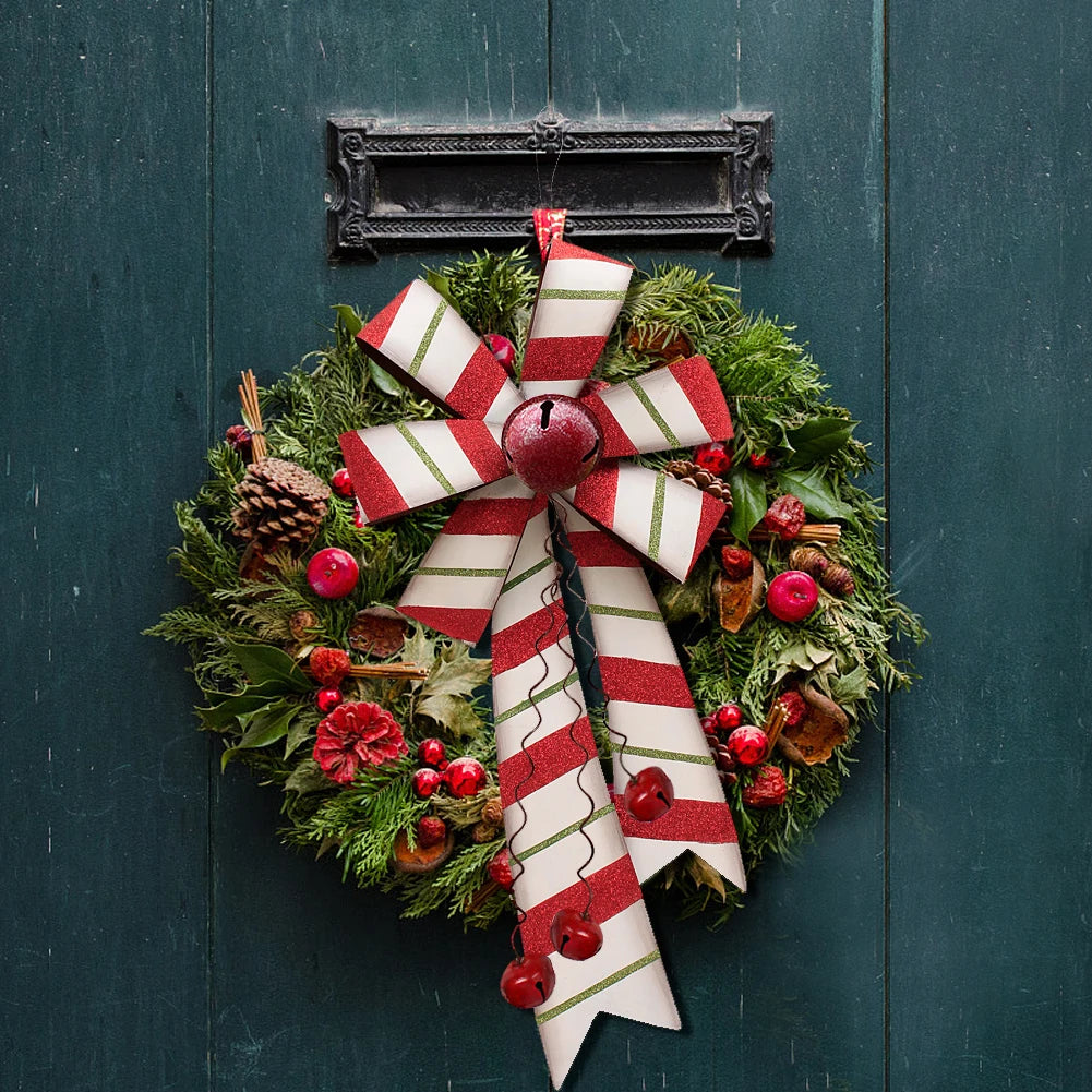 2 pcs Large Christmas Wreath Bow Hanging Ornament Set, 22" x 10" Rustic Metal Red and Green Bow with Christmas Jingle Bell Ornam