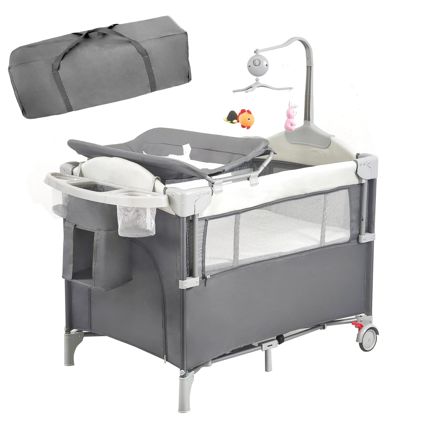 4 in 1 Portable Baby Playard with Changing Table Lockable Wheels Music Box Foldable Baby Crib Suit Infant to Toddler