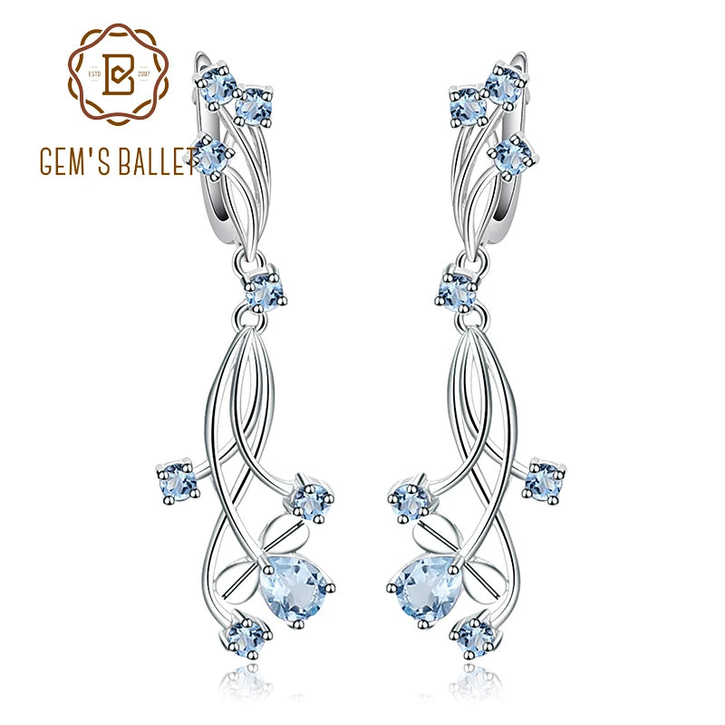 GEM'S BALLET Flower Design 3.89t Natural Sky Blue Topaz Gemstone Drop Earrings For Bridal 925 Sterling Silver Wedding Jewelry