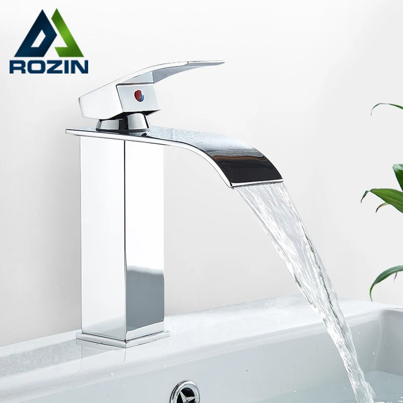 Rozin Hot Cold Water Basin Faucet Waterfall Bathroom Vanity Sink Faucets Single Lever Chrome/Black Brass Washing Mixer Taps