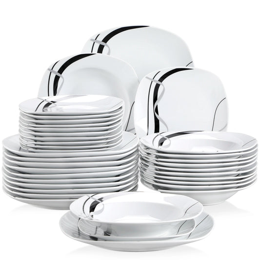 VEWEET FIONA 18/36-Piece Porcelain Ceramic Black Line Kitchen Tableware Dishes Plate Set with Dinner Plate,Dessert,Soup Plate