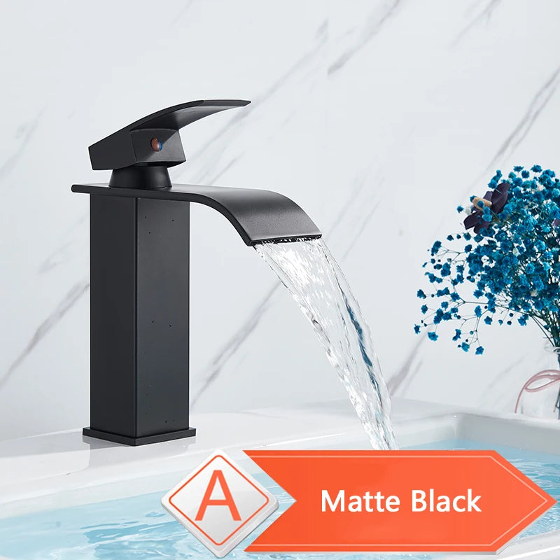 Rozin Hot Cold Water Basin Faucet Waterfall Bathroom Vanity Sink Faucets Single Lever Chrome/Black Brass Washing Mixer Taps