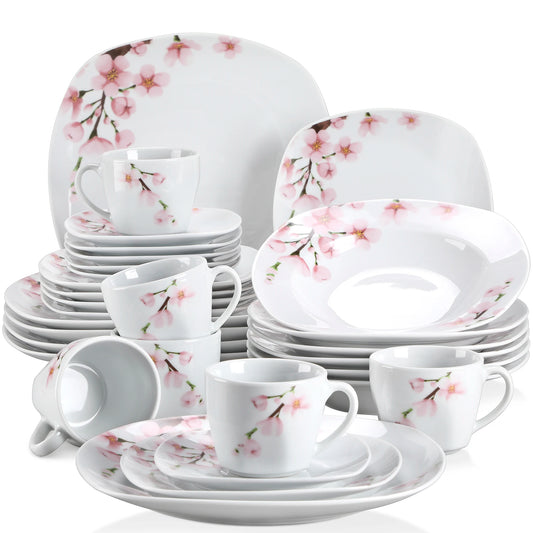 VEWEET ANNIE 60-Piece White Ceramic Pink Floral Porcelain Plate Set with Dinner Soup Dessert Plate ,Cups Saucers for 12 Person