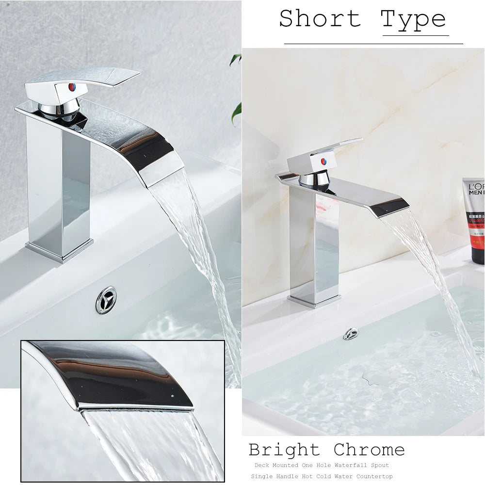 Rozin Hot Cold Water Basin Faucet Waterfall Bathroom Vanity Sink Faucets Single Lever Chrome/Black Brass Washing Mixer Taps