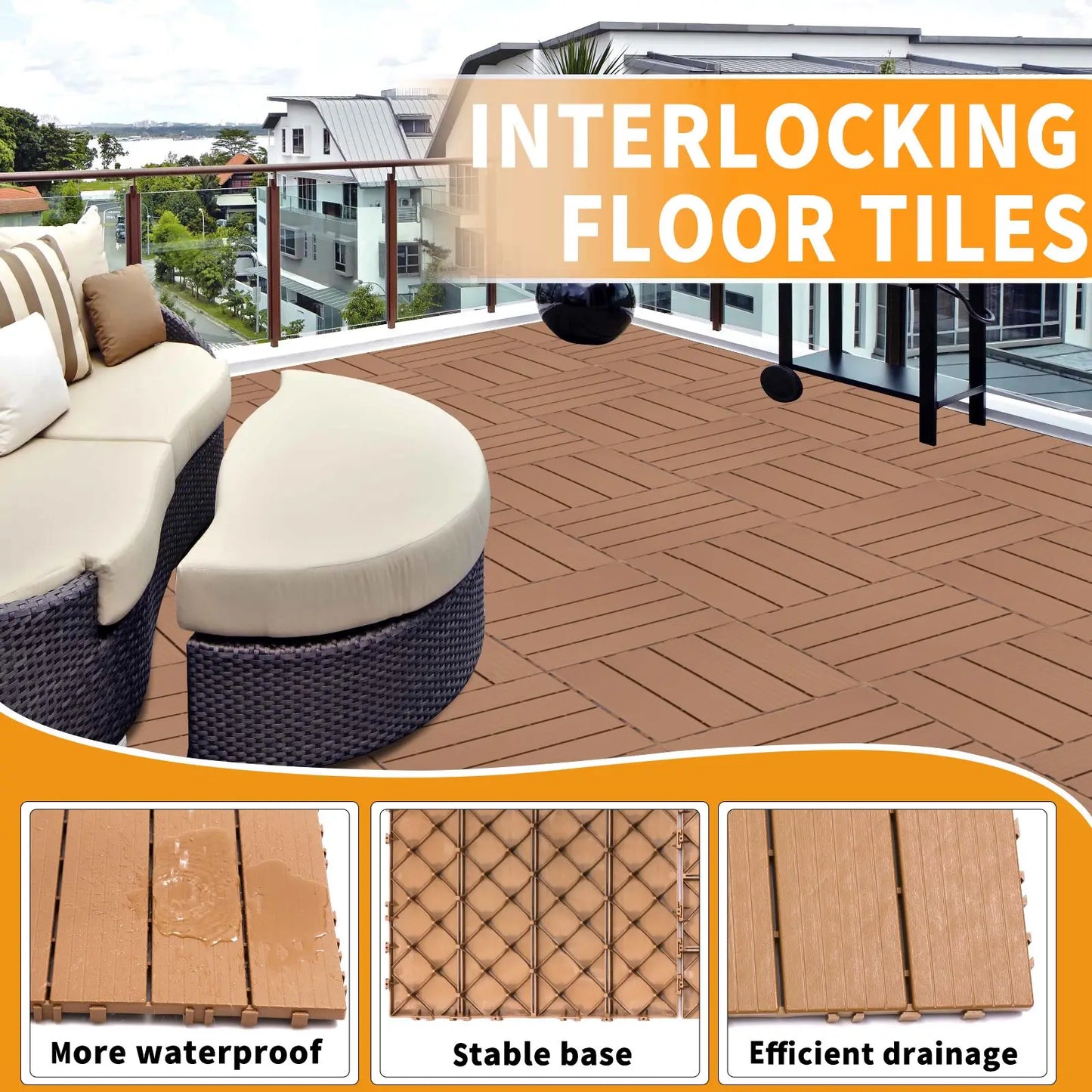 DB Plastic Interlocking Deck Tiles Smooth 11.8"x11.8" Pack 44 Waterproof Outdoor Patio Flooring for All Weather Use Garden