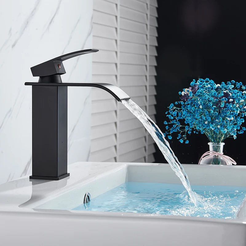 Rozin Hot Cold Water Basin Faucet Waterfall Bathroom Vanity Sink Faucets Single Lever Chrome/Black Brass Washing Mixer Taps