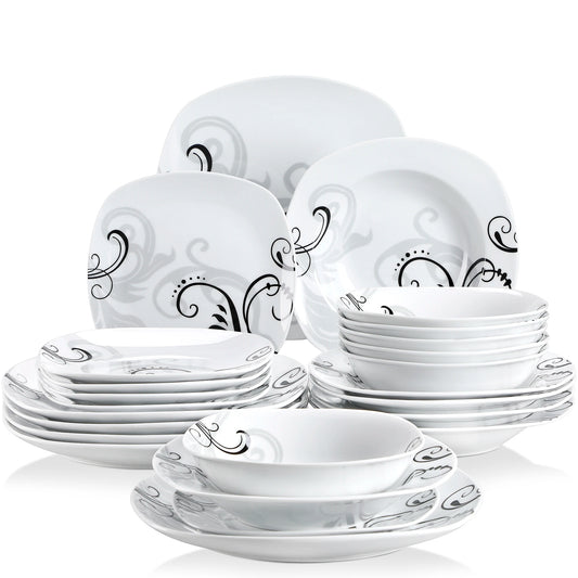 VEWEET ZOEY 48-Piece Black Decals Dinner Combi-Set Porcelain Tableware Set with Bowls Dessert Plates Soup Plate Dinner Plates