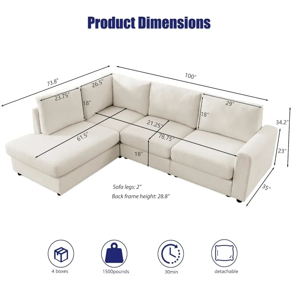 100" L Shaped Sectional Couch with Chaise, Modern Beige Sectional Couches for Living Room, Comfy Chenille 4-Seater Corner Sofa