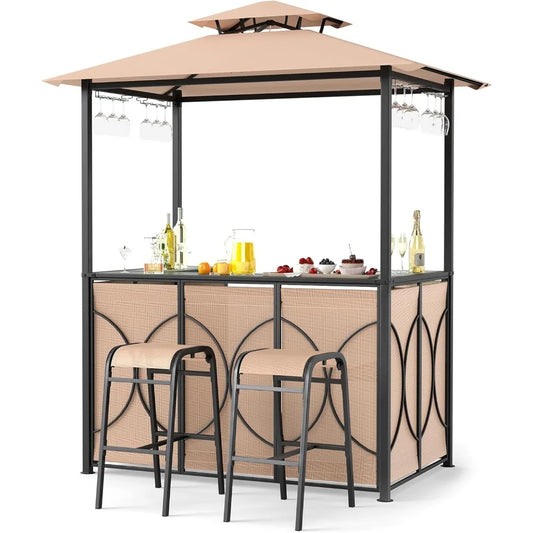 3-Piece Patio Bar Set, Grill Gazebo & 2 Bar Stools with Tempered Glass Bar Table, Metal Storage Shelves, Glass Holders, Double-