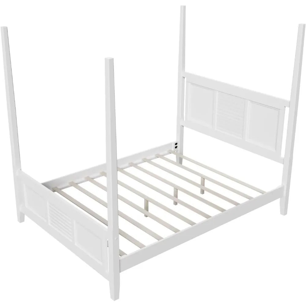 4-Poster Platform Bed King Size with Decorative Headboard and Footboards, Traditional Solid Wood Platform Bed Frame with Sturdy