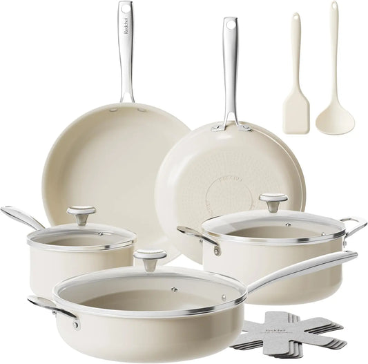 Ceramic Nonstick Cookware Set,14pcs Pots and Pans Set Non Stick,Induction Cookware with Stainless Steel Handle,
