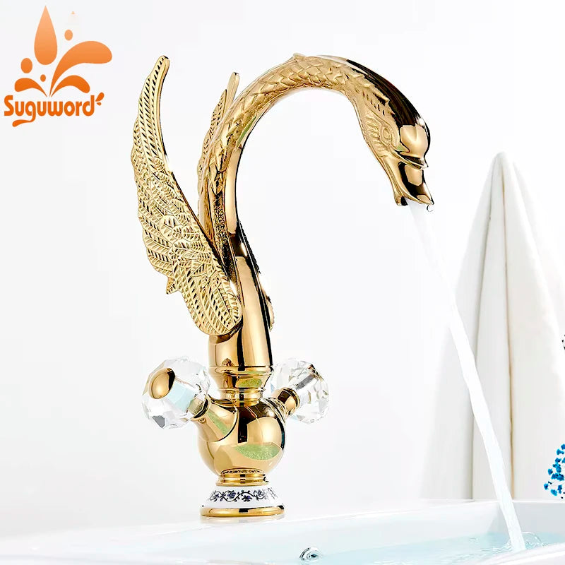 Suguword Golden Swan Basin Faucet Bird Shape Luxury Mixer