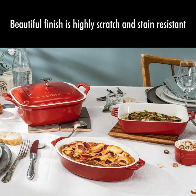 Staub Ceramics 4-pc Baking Pans Set, Casserole Dish with Lid, Brownie Pan, Cherry