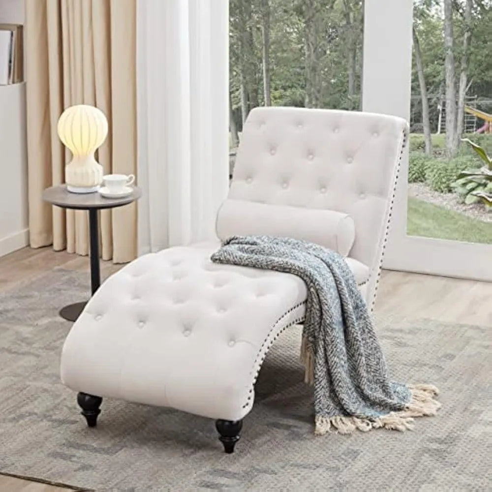 Button-Tufted Chaise Lounge with Support Pillow, Upholstered Chaise Lounge Chair,Armless Rolled Backrest Leisure Sofa Recliner