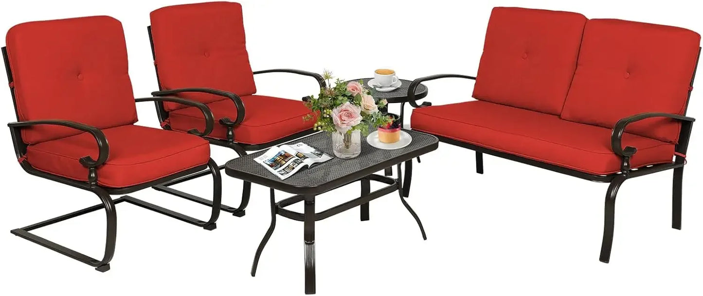 5 Piece Metal Outdoor Furniture Patio Chair Set, Wrought Iron Patio Chair Set with Cushions