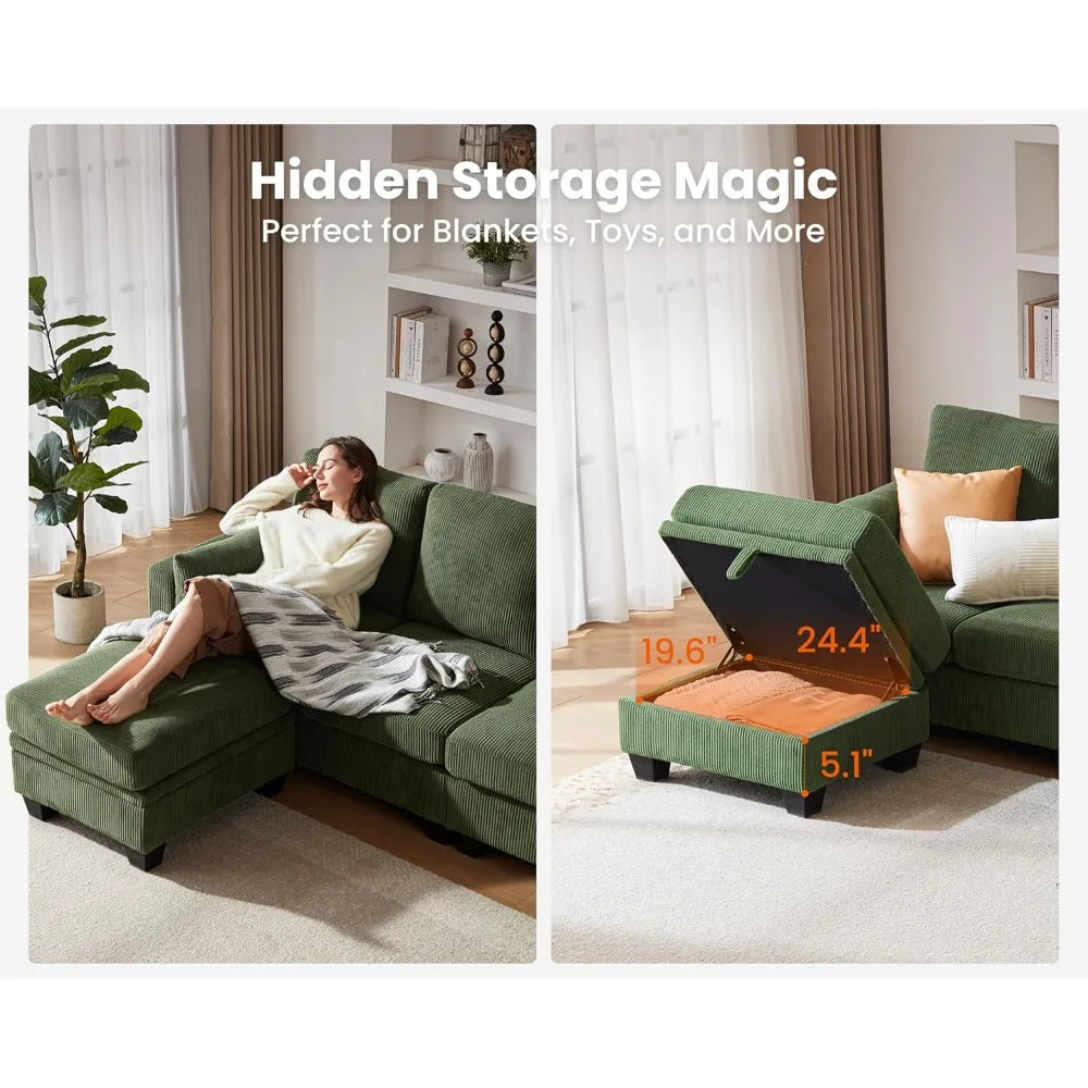 Corduroy Modular Sectional Couch with Ottoman Chaise, L/U Shaped Sleeper Sofa for Living Room, Apartment, Lounge