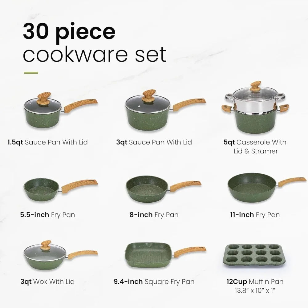 30 Piece Cookware Set Nonstick Pots and Pans Set Granite Kitchen Bakeware Set