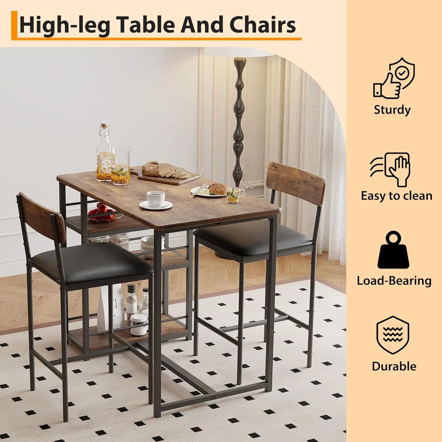 3-Piece Bar Table and Chairs Set with 3 Tier Storage Shelves, Dining Table Set for 2 with PU Cushion Bar Chairs & & MDF Board To