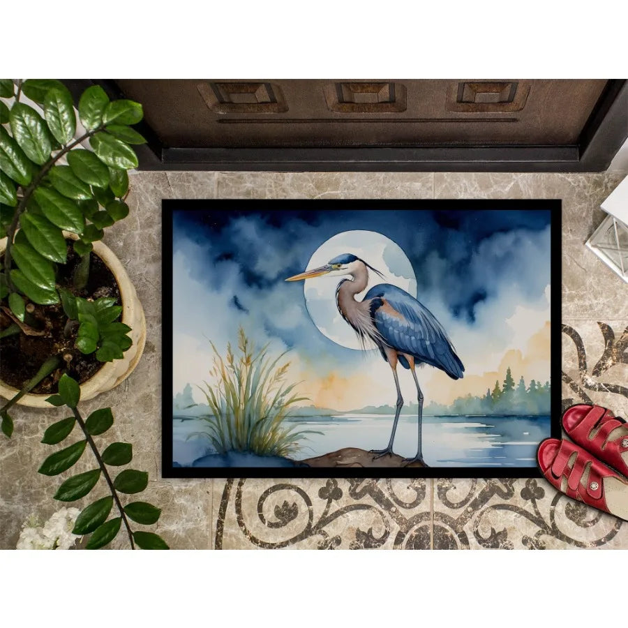 Blue Heron Under the Moonlight Doormat Front Door Mat Indoor Outdoor Rugs for Entryway Non Slip Washable Low Pile 24H X 36W