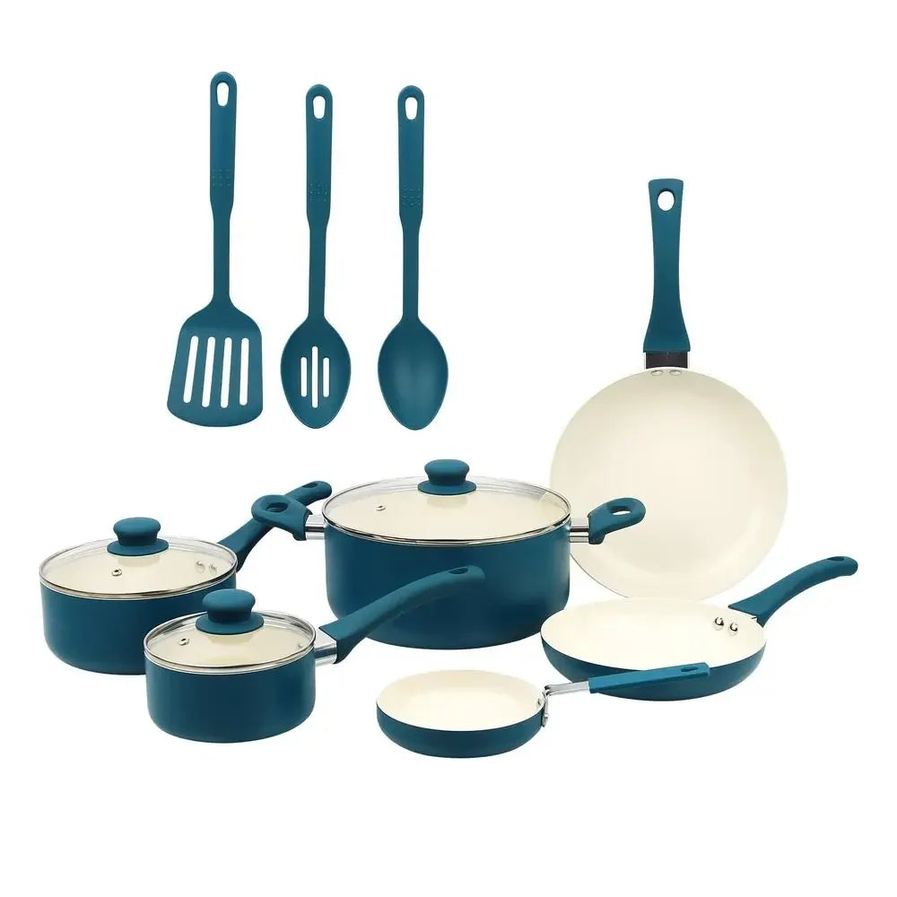 12-Piece Nonstick Ceramic Aluminum Cookware Set Corsair Blue Fast Heating Easy Cleanup Riveted Handles Ideal Everyday Cooking