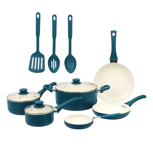 12-Piece Nonstick Ceramic Aluminum Cookware Set Corsair Blue Fast Heating Easy Cleanup Riveted Handles Ideal Everyday Cooking