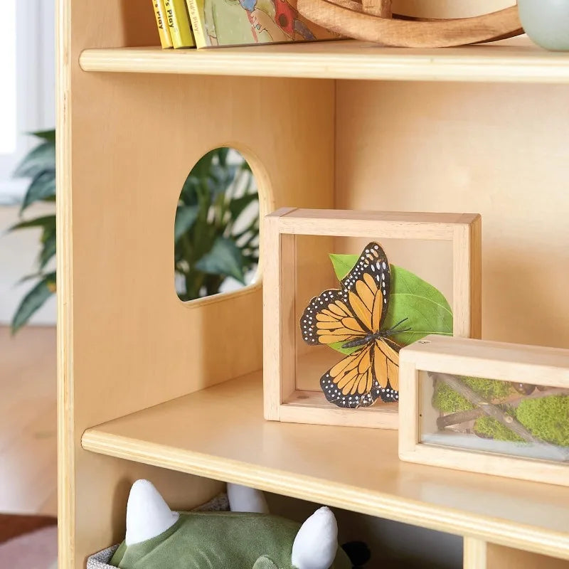 Guidecraft EdQ Dollhouse Bookcase - Natural: Kids' Wooden Organizer Shelves with Removable Storage Bins for Books