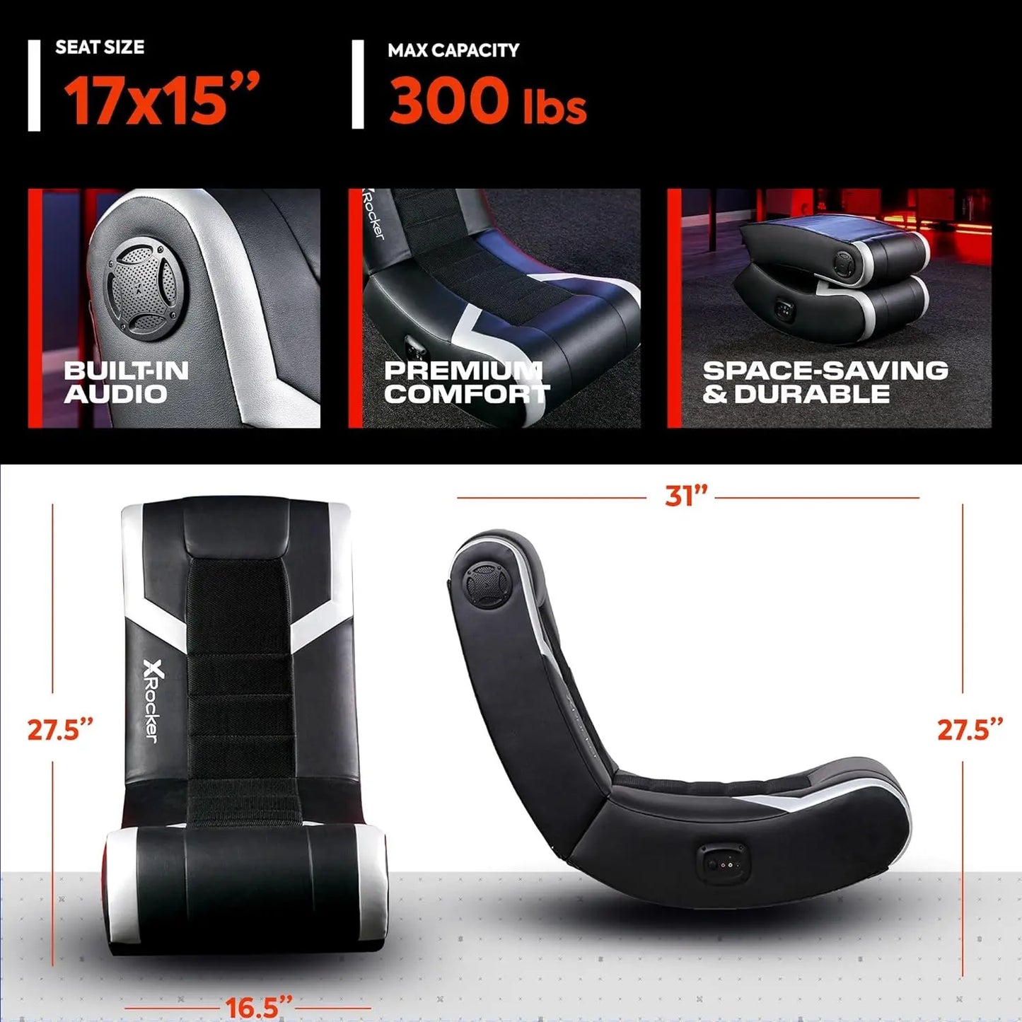 Video Gaming Floor Rocker Chair,Built-in Audio Speakers,Foldable for Bedroom or Game Room,Gifts for Gamers,Boys Girls Teens 5-17