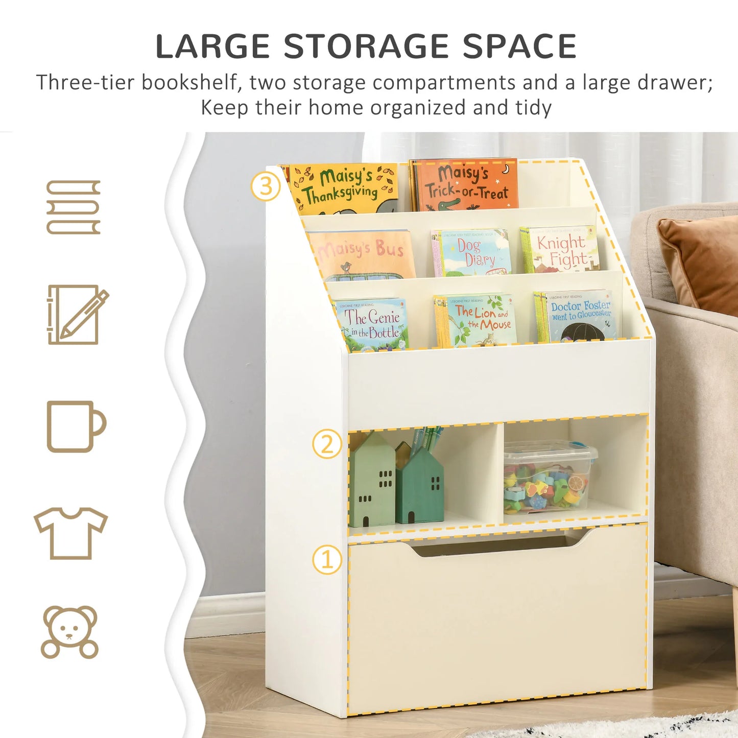 Kids Storage Bookcase Stand w/ Display Shelves & Drawer for Toys & Books, White