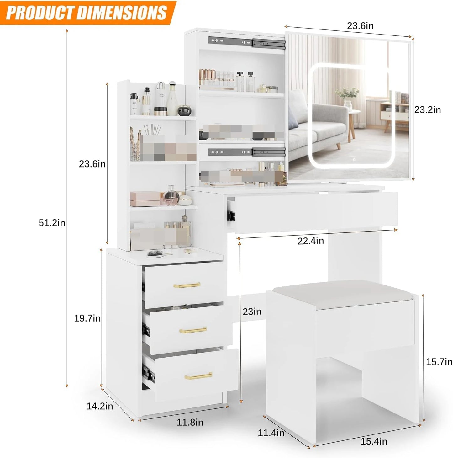 Vanity Desk with Mirror and Led Lights, Makeup Vanity Desk with Sliding Lighted Mirror, Dressing Table Storage for Bedroom