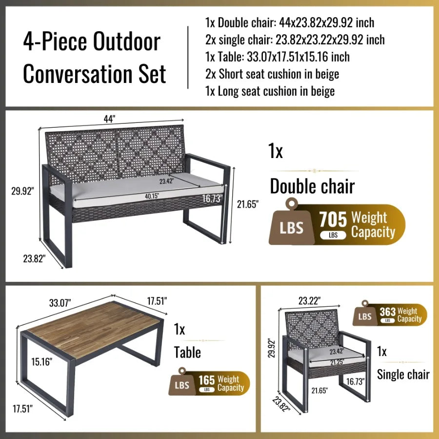 4Piece Patio Furniture Set Outdoor Balcony Porch Garden Backyard Lawn Furniture Acacia Wood Table Top Morden Brown and Beige Cu