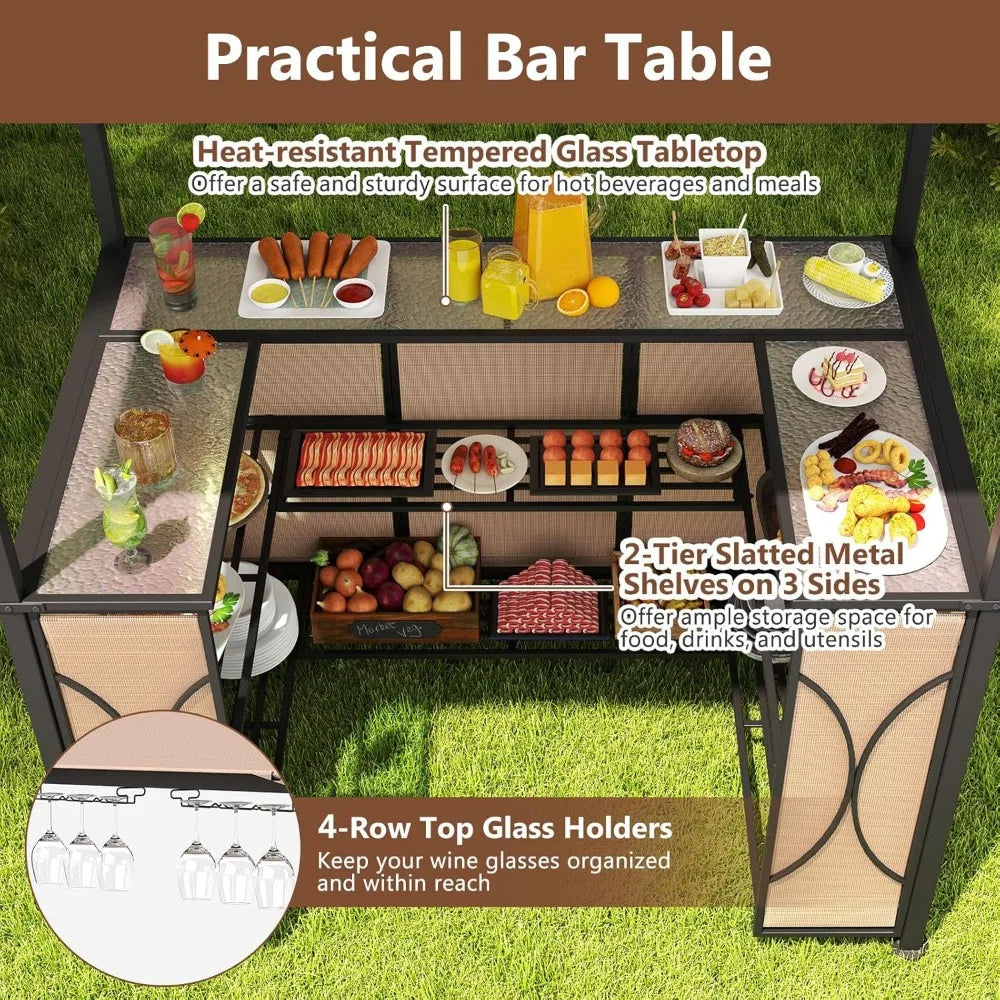 3-Piece Patio Bar Set, Grill Gazebo & 2 Bar Stools with Tempered Glass Bar Table, Metal Storage Shelves, Glass Holders, Double-